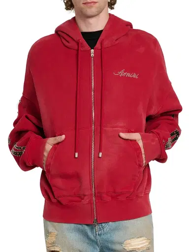 Amiri Men's Bones Studded Cotton Zip-Up Hoodie - Redrose | Thumbnail 3 Amiri Men's Bones Studded Cotton Zip-Up Hoodie - Redrose | Thumbnail 3