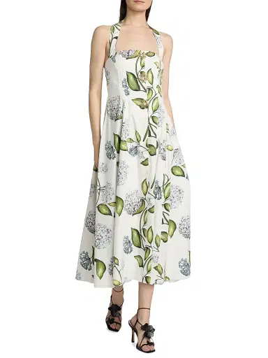 Oscar de la Renta Women's Cyclamen Silk Halterneck Midi-Dress - Denim White | Thumbnail 2 Oscar de la Renta Women's Cyclamen Silk Halterneck Midi-Dress - Denim White | Thumbnail 2