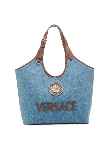 Versace Women's Medusa Logo Denim Tote Bag - Denim Vintage Brown Gold | Thumbnail 1 Versace Women's Medusa Logo Denim Tote Bag - Denim Vintage Brown Gold | Thumbnail 1