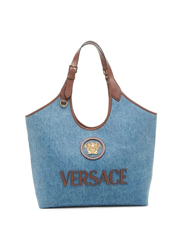 Women's Medusa Logo Denim Tote Bag - Denim Vintage Brown Gold Women's Medusa Logo Denim Tote Bag - Denim Vintage Brown Gold