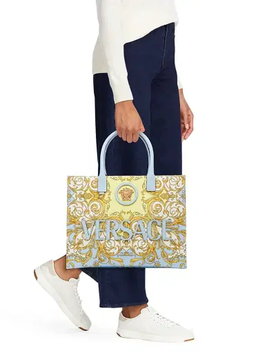 Versace Women's Baroque Print Logo Tote Bag - Pastel Blue Multi Gold | Thumbnail 2 Versace Women's Baroque Print Logo Tote Bag - Pastel Blue Multi Gold | Thumbnail 2