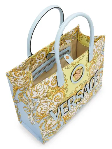 Versace Women's Baroque Print Logo Tote Bag - Pastel Blue Multi Gold | Thumbnail 3 Versace Women's Baroque Print Logo Tote Bag - Pastel Blue Multi Gold | Thumbnail 3