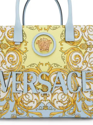 Versace Women's Baroque Print Logo Tote Bag - Pastel Blue Multi Gold | Thumbnail 4 Versace Women's Baroque Print Logo Tote Bag - Pastel Blue Multi Gold | Thumbnail 4