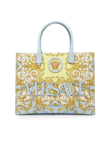 Versace Women's Baroque Print Logo Tote Bag - Pastel Blue Multi Gold | Thumbnail 1 Versace Women's Baroque Print Logo Tote Bag - Pastel Blue Multi Gold | Thumbnail 1