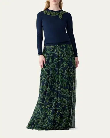 Carolina Herrera Olive Branch Embroidered Silk-Cotton Crewneck Sweater | Thumbnail 2 Carolina Herrera Olive Branch Embroidered Silk-Cotton Crewneck Sweater | Thumbnail 2
