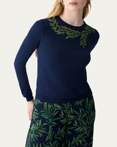 Carolina Herrera Olive Branch Embroidered Silk-Cotton Crewneck Sweater | Thumbnail 4 Carolina Herrera Olive Branch Embroidered Silk-Cotton Crewneck Sweater | Thumbnail 4