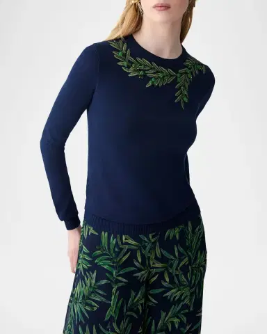Carolina Herrera Olive Branch Embroidered Silk-Cotton Crewneck Sweater | Thumbnail 7 Carolina Herrera Olive Branch Embroidered Silk-Cotton Crewneck Sweater | Thumbnail 7