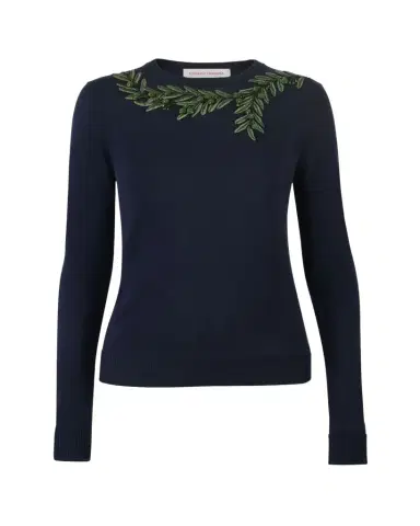 Carolina Herrera Olive Branch Embroidered Silk-Cotton Crewneck Sweater | Thumbnail 1 Carolina Herrera Olive Branch Embroidered Silk-Cotton Crewneck Sweater | Thumbnail 1