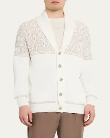 Brunello Cucinelli Men's Cotton Cable Knit Shawl Cardigan | Thumbnail 4 Brunello Cucinelli Men's Cotton Cable Knit Shawl Cardigan | Thumbnail 4
