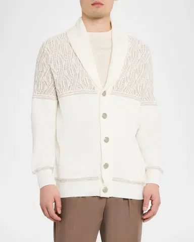 Brunello Cucinelli Men's Cotton Cable Knit Shawl Cardigan | Thumbnail 8 Brunello Cucinelli Men's Cotton Cable Knit Shawl Cardigan | Thumbnail 8