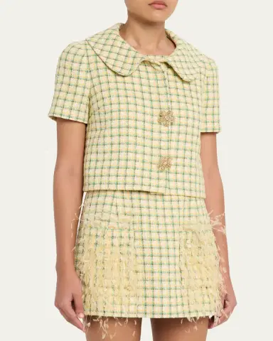 Oscar de la Renta Short-Sleeve Check Tweed Jacket | Thumbnail 4 Oscar de la Renta Short-Sleeve Check Tweed Jacket | Thumbnail 4