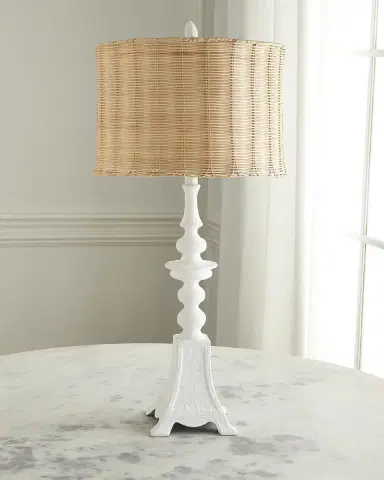 Old World Design Penny White Gesso Table Lamp With Natural Rattan | Thumbnail 1 Old World Design Penny White Gesso Table Lamp With Natural Rattan | Thumbnail 1