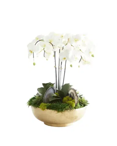 T & C Floral Company Orchid Faux Florals in Gold Hammered Metal Bowl with Selenite & Agate Slabs - 24" | Thumbnail 1 T & C Floral Company Orchid Faux Florals in Gold Hammered Metal Bowl with Selenite & Agate Slabs - 24" | Thumbnail 1
