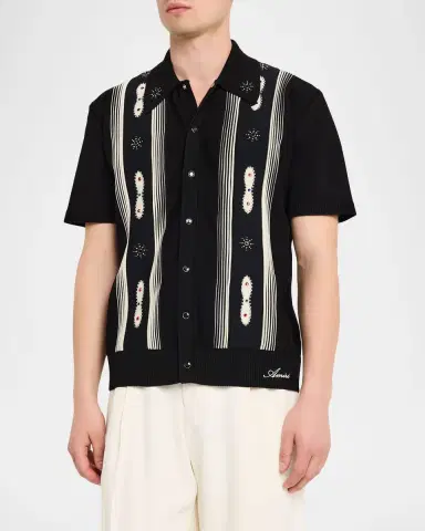 Amiri Men 's Studded Stripe Wool Knit Short-Sleeve Shirt | Thumbnail 4 Amiri Men 's Studded Stripe Wool Knit Short-Sleeve Shirt | Thumbnail 4
