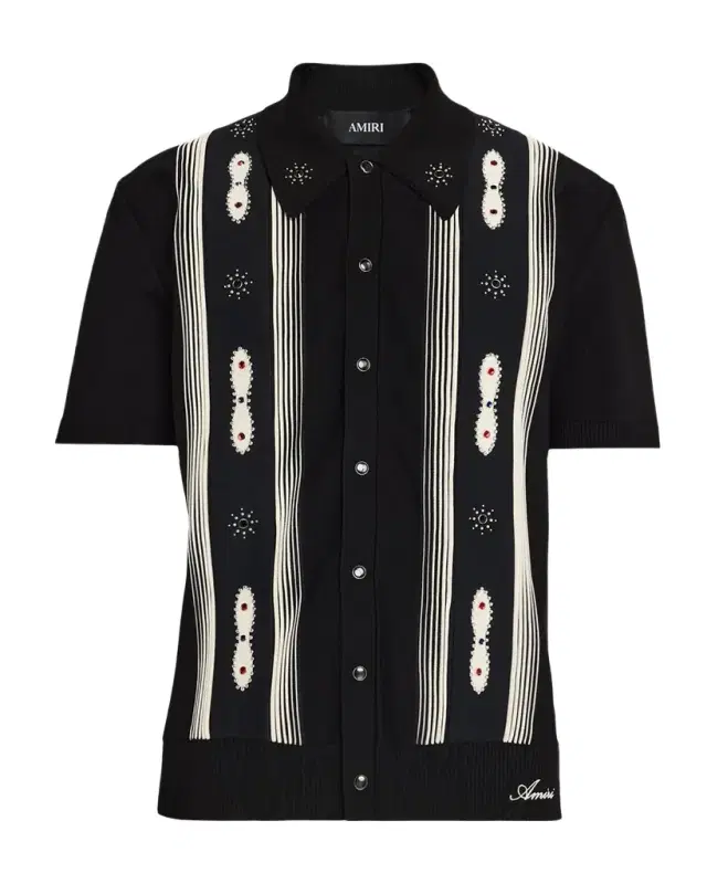 Men 's Studded Stripe Wool Knit Short-Sleeve Shirt Men 's Studded Stripe Wool Knit Short-Sleeve Shirt