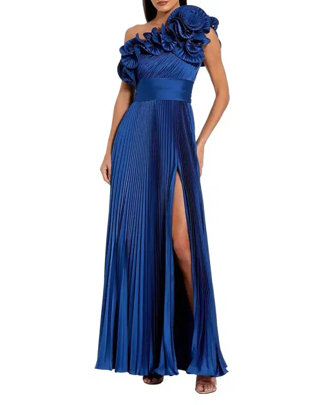 One-Shoulder Pleated Charmeuse Ruffle Gown One-Shoulder Pleated Charmeuse Ruffle Gown