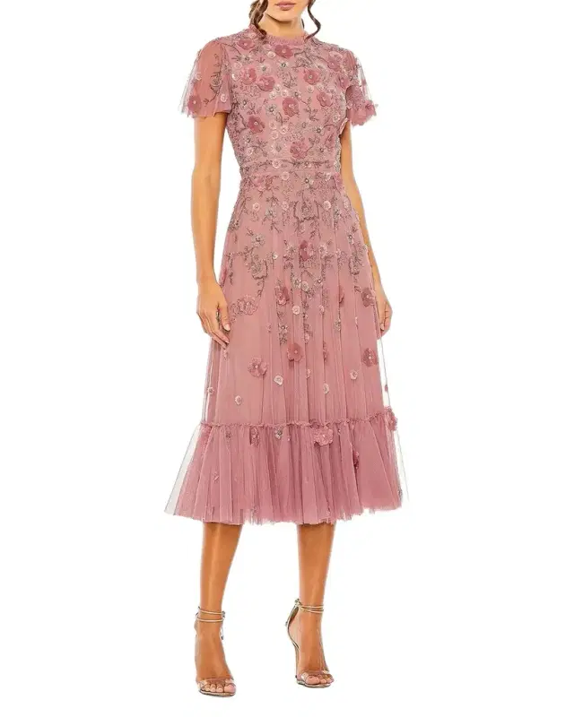 Sequin Floral Applique Tulle Midi Dress Sequin Floral Applique Tulle Midi Dress