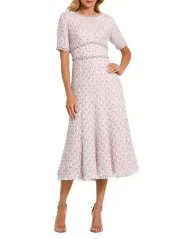 Mac Duggal Short-Sleeved Beaded Tweed Midi Dress | Thumbnail 1 Mac Duggal Short-Sleeved Beaded Tweed Midi Dress | Thumbnail 1
