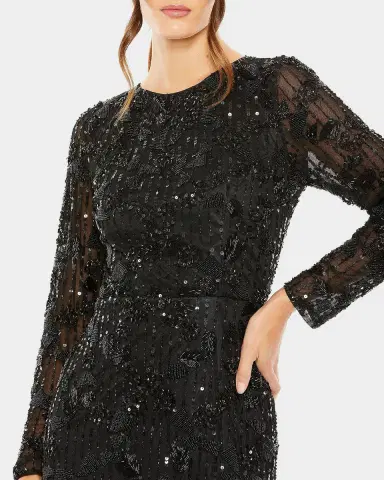 Mac Duggal High-Neck Beaded Long-Sleeve Midi Dress | Thumbnail 2 Mac Duggal High-Neck Beaded Long-Sleeve Midi Dress | Thumbnail 2