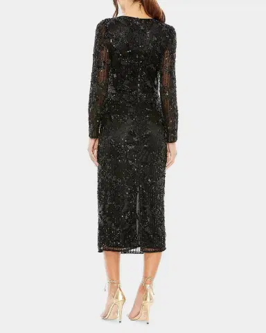 Mac Duggal High-Neck Beaded Long-Sleeve Midi Dress | Thumbnail 3 Mac Duggal High-Neck Beaded Long-Sleeve Midi Dress | Thumbnail 3