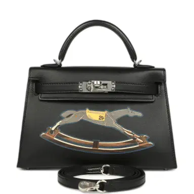 HERMÈS Hermes Kelly Sellier 20 "Cheval De Bois" Black and Multi Tadelakt Palladium Hardware | Thumbnail 1 HERMÈS Hermes Kelly Sellier 20 "Cheval De Bois" Black and Multi Tadelakt Palladium Hardware | Thumbnail 1