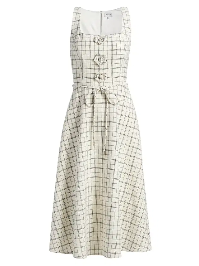 Women's Mira Plaid Tie-Waist Midi-Dress - White Black Women's Mira Plaid Tie-Waist Midi-Dress - White Black