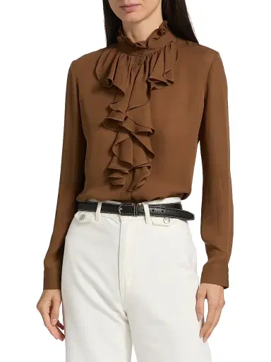 Nili Lotan Women's Lily Ruffle-Embellished Silk Blouse - Cognac | Thumbnail 3 Nili Lotan Women's Lily Ruffle-Embellished Silk Blouse - Cognac | Thumbnail 3