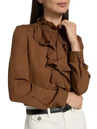 Nili Lotan Women's Lily Ruffle-Embellished Silk Blouse - Cognac | Thumbnail 6 Nili Lotan Women's Lily Ruffle-Embellished Silk Blouse - Cognac | Thumbnail 6