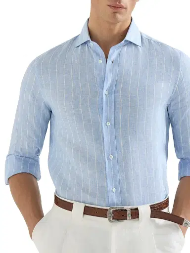 Brunello Cucinelli Men's Chalk Stripe Linen Easy Fit Shirt with Spread Collar | Thumbnail 4 Brunello Cucinelli Men's Chalk Stripe Linen Easy Fit Shirt with Spread Collar | Thumbnail 4