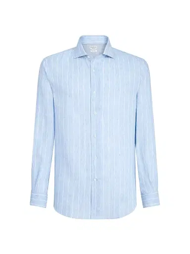 Brunello Cucinelli Men's Chalk Stripe Linen Easy Fit Shirt with Spread Collar | Thumbnail 1 Brunello Cucinelli Men's Chalk Stripe Linen Easy Fit Shirt with Spread Collar | Thumbnail 1