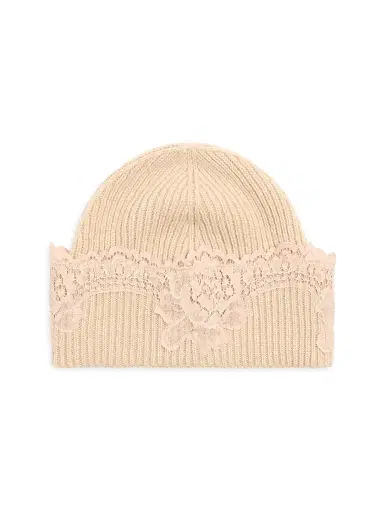 Valentino Garavani Women's Vlogo Signature Cashmere and Lace Beanie - Alabaster | Thumbnail 1 Valentino Garavani Women's Vlogo Signature Cashmere and Lace Beanie - Alabaster | Thumbnail 1