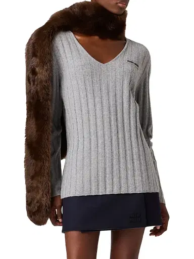 Miu Miu Women's Wool and Cashmere V-Neck Sweater - Grey | Thumbnail 2 Miu Miu Women's Wool and Cashmere V-Neck Sweater - Grey | Thumbnail 2