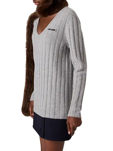 Miu Miu Women's Wool and Cashmere V-Neck Sweater - Grey | Thumbnail 3 Miu Miu Women's Wool and Cashmere V-Neck Sweater - Grey | Thumbnail 3