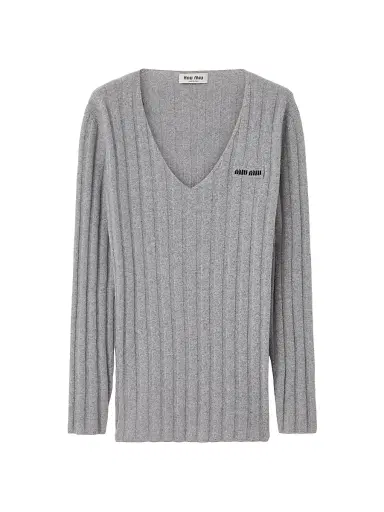 Miu Miu Women's Wool and Cashmere V-Neck Sweater - Grey | Thumbnail 1 Miu Miu Women's Wool and Cashmere V-Neck Sweater - Grey | Thumbnail 1