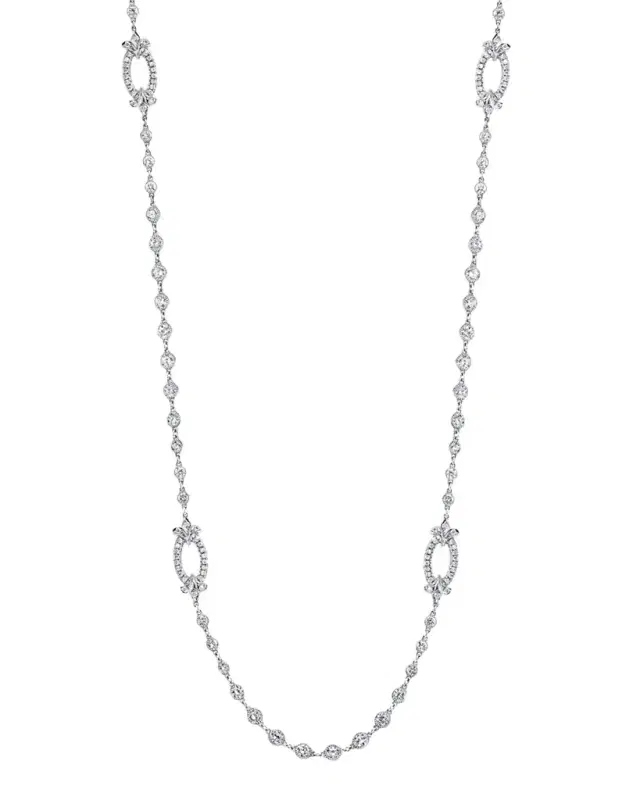 Platinum Handmade Diamond Necklace with Fleur De Lis Stations, 16.63tcw, 16" Platinum Handmade Diamond Necklace with Fleur De Lis Stations, 16.63tcw, 16"