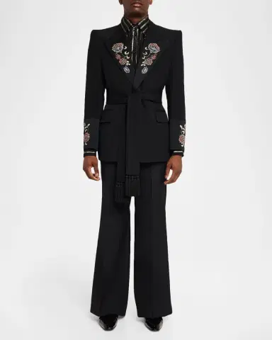 Valentino Garavani Men's Embroidered Grain De Poudre Wool Belted Jacket | Thumbnail 2 Valentino Garavani Men's Embroidered Grain De Poudre Wool Belted Jacket | Thumbnail 2