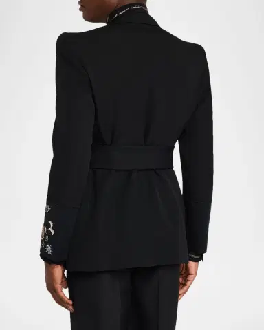 Valentino Garavani Men's Embroidered Grain De Poudre Wool Belted Jacket | Thumbnail 3 Valentino Garavani Men's Embroidered Grain De Poudre Wool Belted Jacket | Thumbnail 3