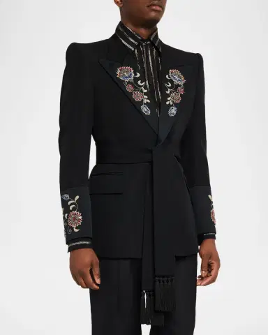 Valentino Garavani Men's Embroidered Grain De Poudre Wool Belted Jacket | Thumbnail 4 Valentino Garavani Men's Embroidered Grain De Poudre Wool Belted Jacket | Thumbnail 4