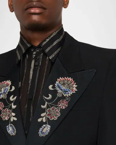 Valentino Garavani Men's Embroidered Grain De Poudre Wool Belted Jacket | Thumbnail 5 Valentino Garavani Men's Embroidered Grain De Poudre Wool Belted Jacket | Thumbnail 5
