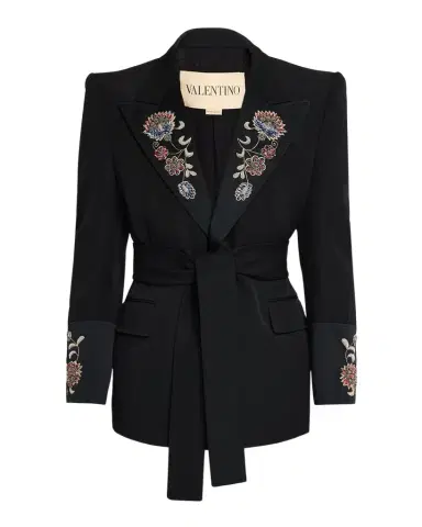 Valentino Garavani Men's Embroidered Grain De Poudre Wool Belted Jacket | Thumbnail 1 Valentino Garavani Men's Embroidered Grain De Poudre Wool Belted Jacket | Thumbnail 1