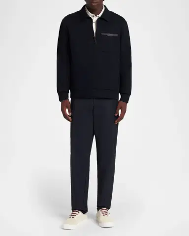 Moncler Men's Cotton Quarter-Zip Sweater with Leather-Trim Pocket | Thumbnail 2 Moncler Men's Cotton Quarter-Zip Sweater with Leather-Trim Pocket | Thumbnail 2
