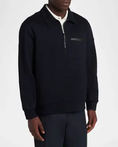 Moncler Men's Cotton Quarter-Zip Sweater with Leather-Trim Pocket | Thumbnail 4 Moncler Men's Cotton Quarter-Zip Sweater with Leather-Trim Pocket | Thumbnail 4