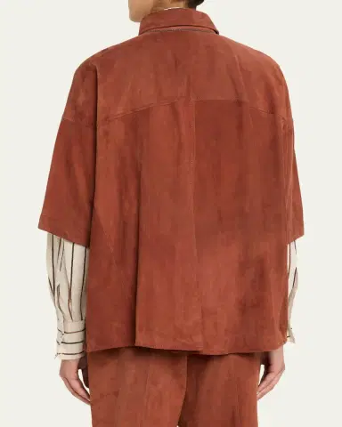 Brunello Cucinelli Suede Short-Sleeve Oversized Utility Shirt | Thumbnail 3 Brunello Cucinelli Suede Short-Sleeve Oversized Utility Shirt | Thumbnail 3