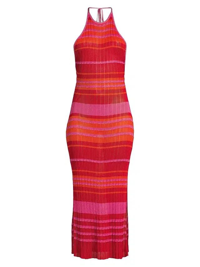 Women's Variegated Stripe Halter Midi-Dress - Pink Multi Women's Variegated Stripe Halter Midi-Dress - Pink Multi