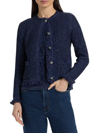 Kobi Halperin Women's Kailey Metallic-Knit Frayed Linen-Blend Cardigan - Navy | Thumbnail 3 Kobi Halperin Women's Kailey Metallic-Knit Frayed Linen-Blend Cardigan - Navy | Thumbnail 3