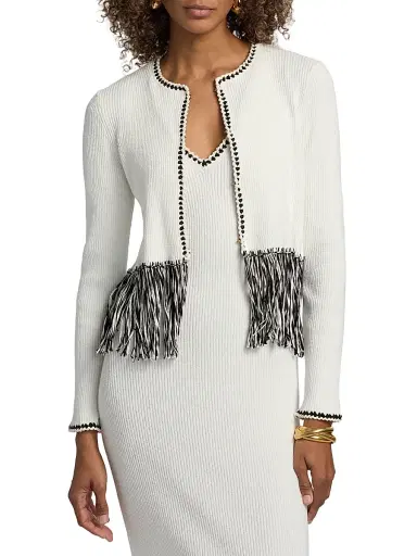 Toccin Women's Monroe Fringe-Trim Rib-Knit Cardigan - Optic Jet | Thumbnail 3 Toccin Women's Monroe Fringe-Trim Rib-Knit Cardigan - Optic Jet | Thumbnail 3