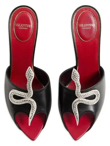 Valentino Garavani Women's Coeur Vipère 10MM Kidskin Slide Sandals - Black | Thumbnail 4 Valentino Garavani Women's Coeur Vipère 10MM Kidskin Slide Sandals - Black | Thumbnail 4