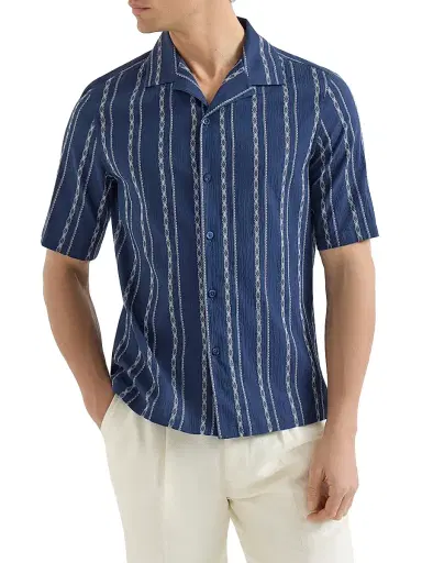 Brunello Cucinelli Men's Ethnic Stripe Seersucker Easy Fit Short Sleeve Shirt with Camp Collar | Thumbnail 2 Brunello Cucinelli Men's Ethnic Stripe Seersucker Easy Fit Short Sleeve Shirt with Camp Collar | Thumbnail 2