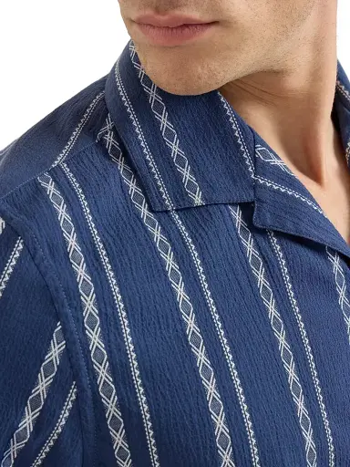 Brunello Cucinelli Men's Ethnic Stripe Seersucker Easy Fit Short Sleeve Shirt with Camp Collar | Thumbnail 4 Brunello Cucinelli Men's Ethnic Stripe Seersucker Easy Fit Short Sleeve Shirt with Camp Collar | Thumbnail 4
