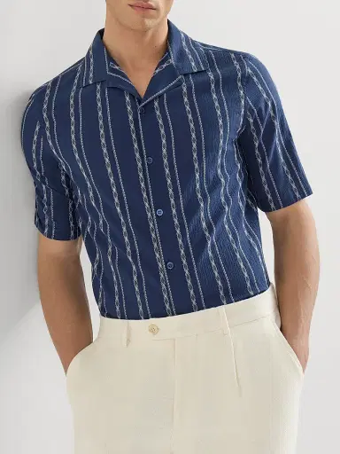 Brunello Cucinelli Men's Ethnic Stripe Seersucker Easy Fit Short Sleeve Shirt with Camp Collar | Thumbnail 5 Brunello Cucinelli Men's Ethnic Stripe Seersucker Easy Fit Short Sleeve Shirt with Camp Collar | Thumbnail 5